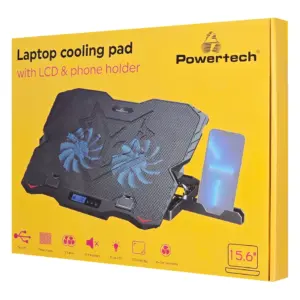 POWERTECH PT-1346 Βάση Ψύξης Laptop έως 15.6” με 2x 125mm LED Fan, LCD Οθόνη & Ρυθμιζόμενο Ύψος