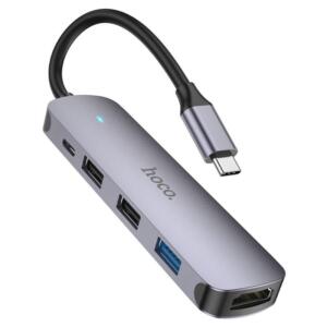 Hoco HB27 Type-c HUB , HDMI + USB3.0 + Usb2.0*2 + PD , Metal Gray
