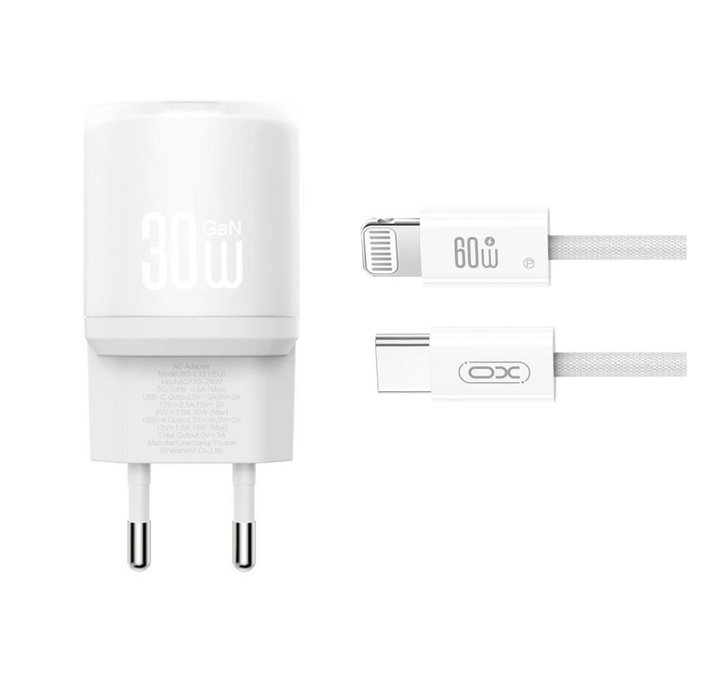 XO L150 Φορτιστης 30W 1 Θυρα Type-c, με Καλωδιο Lightning, Λευκος