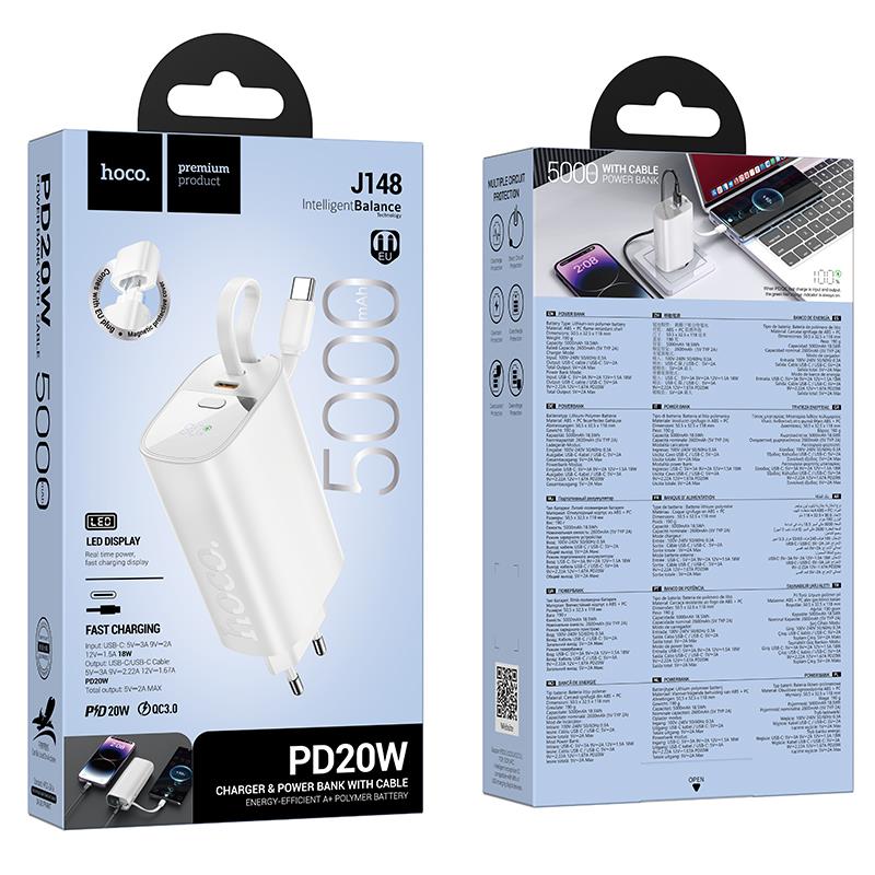 Hoco J148 Handy PD20W Power Bank Τοιχου, με Καλωδιο Type-c, 5.000MA... - Image 3