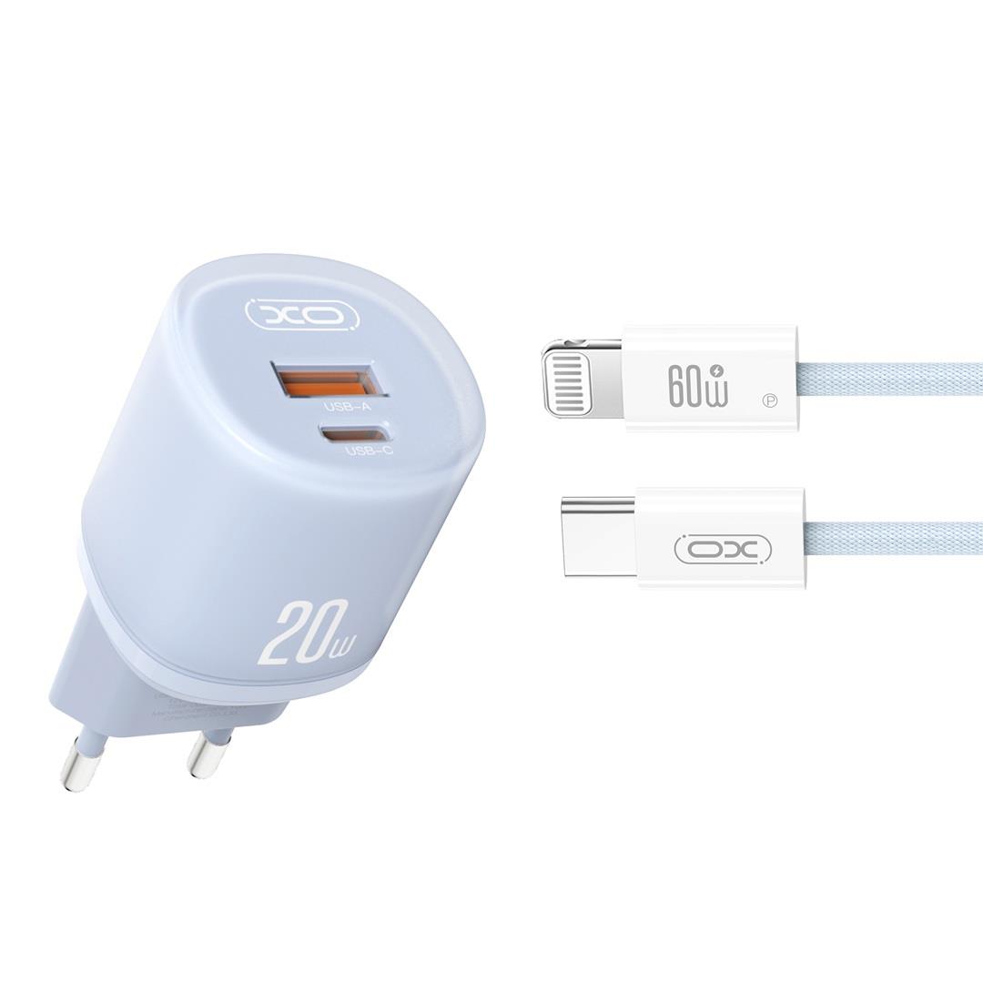 XO L144 Φορτιστης 20W, 2 Θυρες, με Καλωδιο Lightning, Μπλε