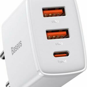 Baseus Compact Φορτιστης Γρηγορης Φορτισης, 3 Θυρες, 30W, Λευκος